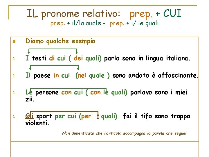 IL pronome relativo: prep. + CUI prep. + il/la quale - prep. + i/