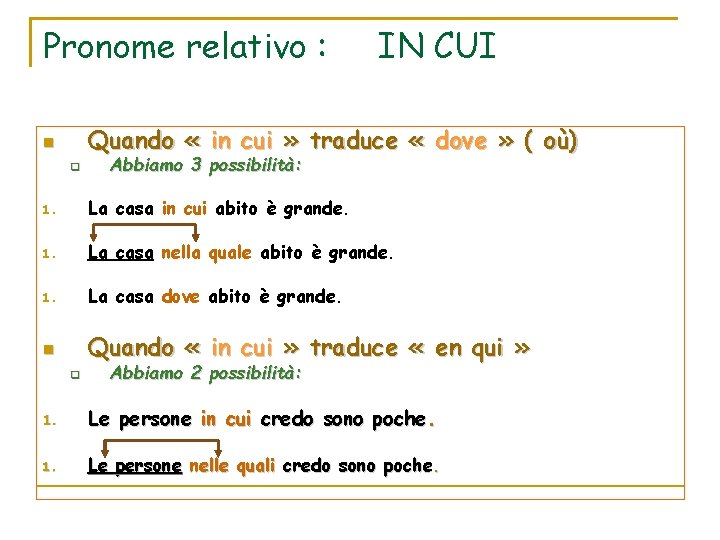 Pronome relativo : IN CUI Quando « in cui » traduce « dove »