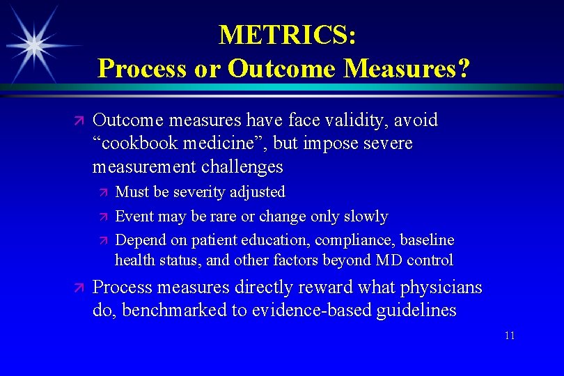 METRICS: Process or Outcome Measures? Outcome measures have face validity, avoid “cookbook medicine”, but