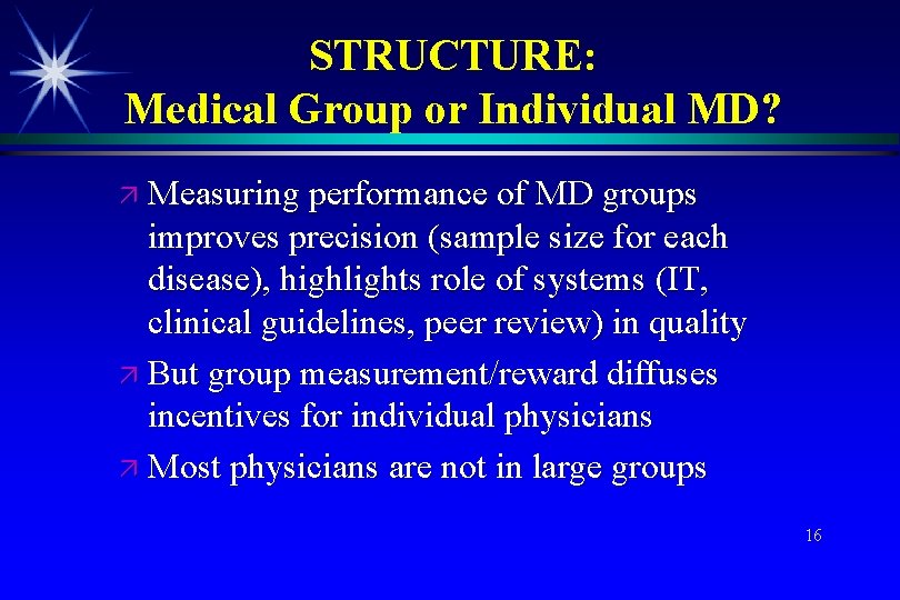 STRUCTURE: Medical Group or Individual MD? Measuring performance of MD groups improves precision (sample
