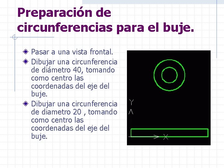 Preparación de circunferencias para el buje. Pasar a una vista frontal. Dibujar una circunferencia