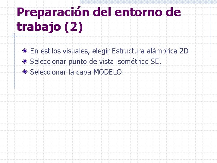 Preparación del entorno de trabajo (2) En estilos visuales, elegir Estructura alámbrica 2 D