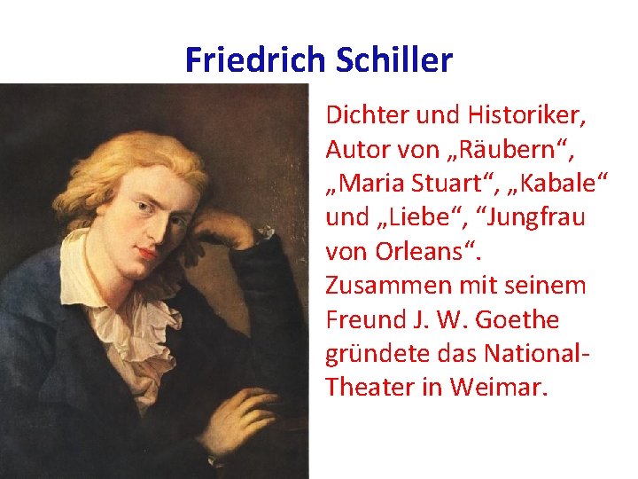 Friedrich Schiller Dichter und Historiker, Autor von „Räubern“, „Maria Stuart“, „Kabale“ und „Liebe“, “Jungfrau