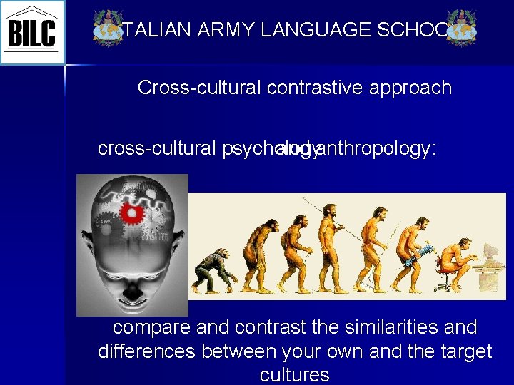 ITALIAN ARMY LANGUAGE SCHOOL Cross-cultural contrastive approach cross-cultural psychology and anthropology: compare and contrast