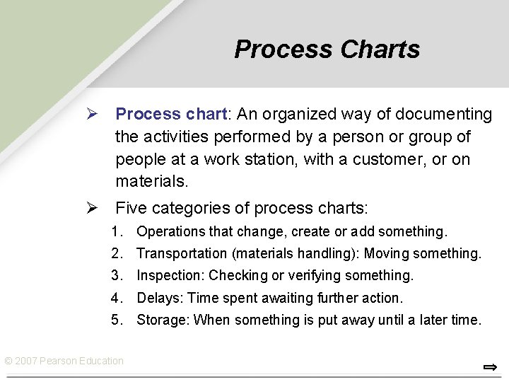 Process Charts Ø Process chart: An organized way of documenting the activities performed by