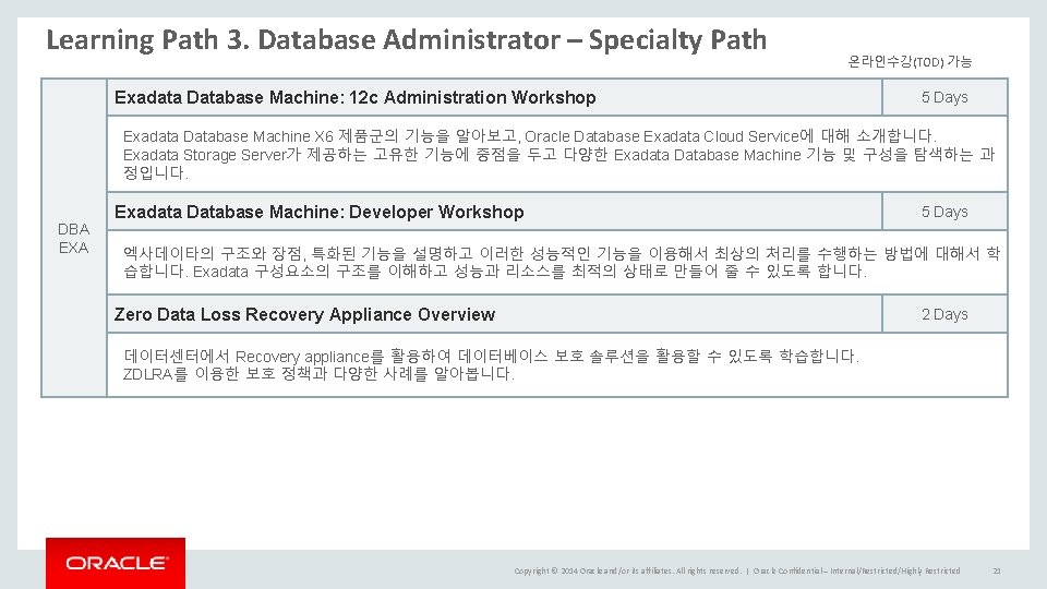 Learning Path 3. Database Administrator – Specialty Path 온라인수강(TOD) 가능 Exadata Database Machine: 12 Learning Path 3. Database Administrator – Specialty Path 온라인수강(TOD) 가능 Exadata Database Machine: 12