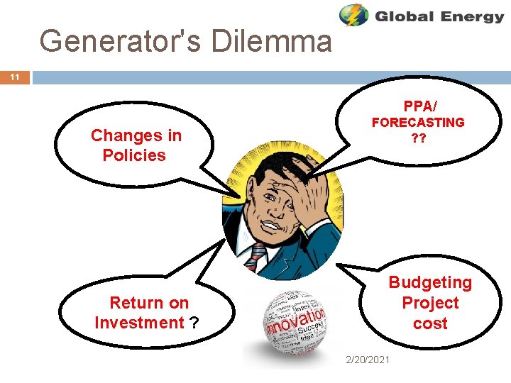 Generator's Dilemma 11 PPA/ FORECASTING ? ? Changes in Policies Budgeting Project cost Return