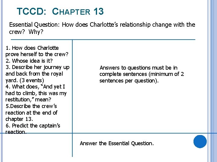 TCCD: CHAPTER 13 Essential Question: How does Charlotte’s relationship change with the crew? Why?