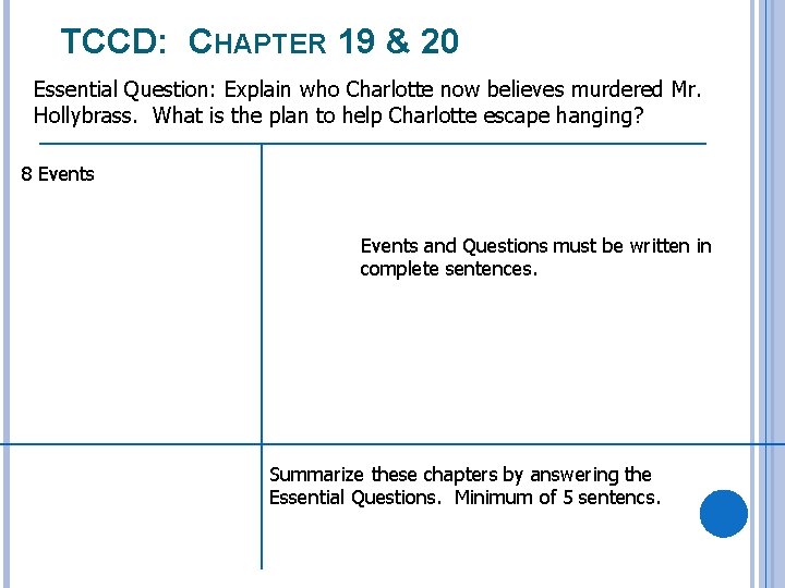 TCCD: CHAPTER 19 & 20 Essential Question: Explain who Charlotte now believes murdered Mr.