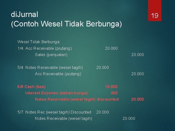 di. Jurnal (Contoh Wesel Tidak Berbunga) 19 Wesel Tidak Berbunga: 1/4 Acc Receivable (piutang)