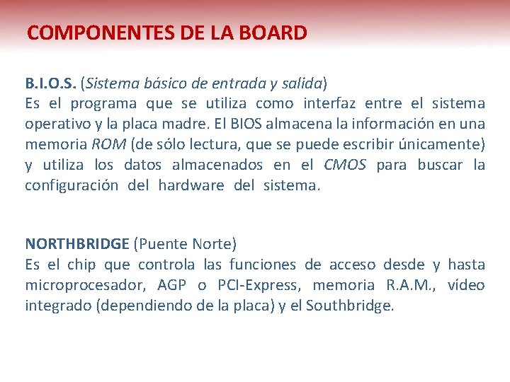 COMPONENTES DE LA BOARD B. I. O. S. (Sistema básico de entrada y salida)