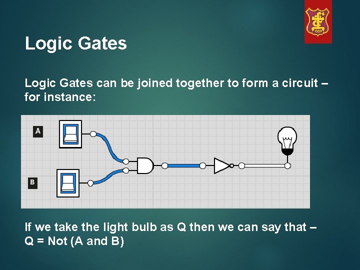 Logic Gates can be joined together to form a circuit – for instance: If