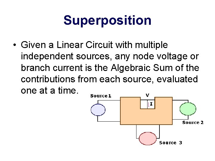 Superposition • Given a Linear Circuit with multiple independent sources, any node voltage or