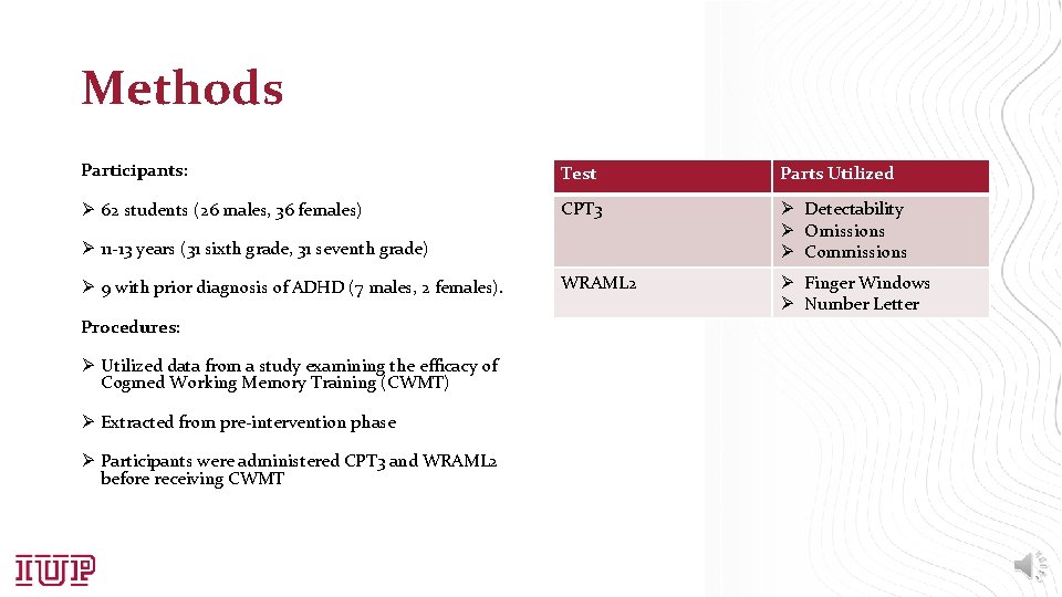 Methods Participants: Test Parts Utilized Ø 62 students (26 males, 36 females) CPT 3