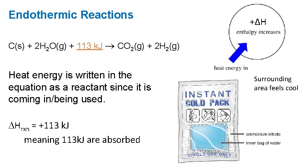 Endothermic Reactions +ΔH C(s) + 2 H 2 O(g) + 113 k. J CO