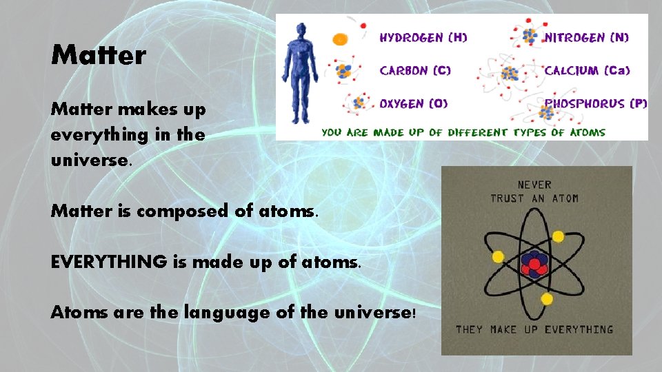 Matter makes up everything in the universe. Matter is composed of atoms. EVERYTHING is