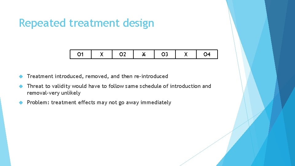 Repeated treatment design O 1 X O 2 X O 3 X O 4