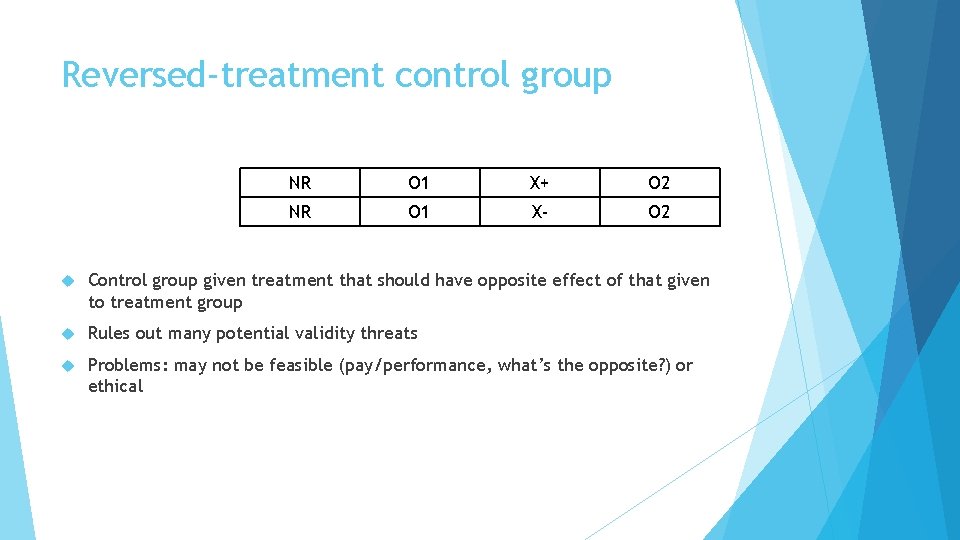 Reversed-treatment control group NR O 1 X+ O 2 NR O 1 X- O