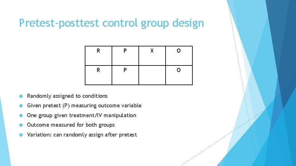 Pretest-posttest control group design R P Randomly assigned to conditions Given pretest (P) measuring