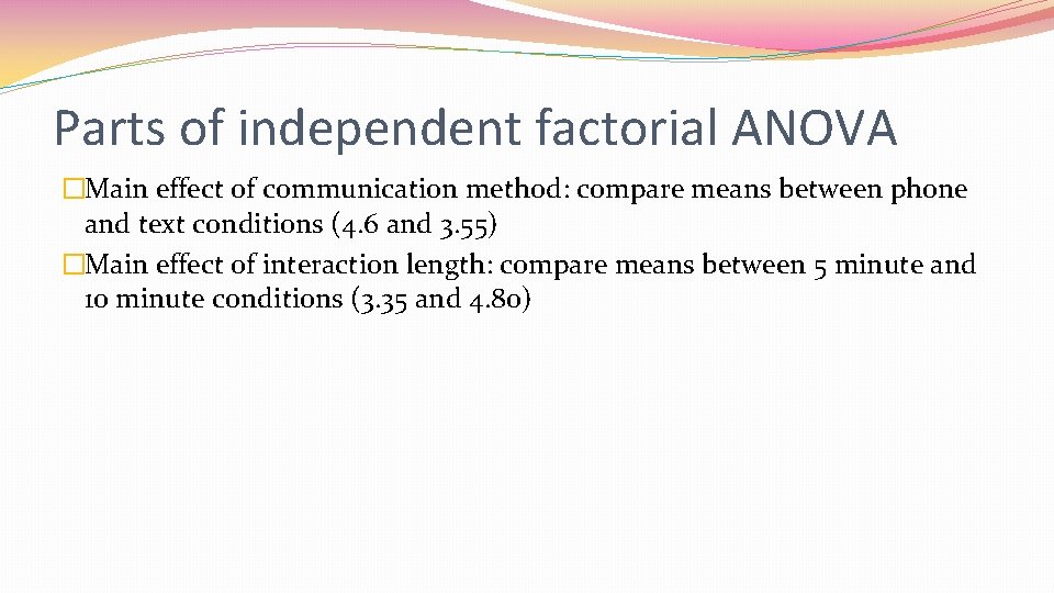 Parts of independent factorial ANOVA �Main effect of communication method: compare means between phone