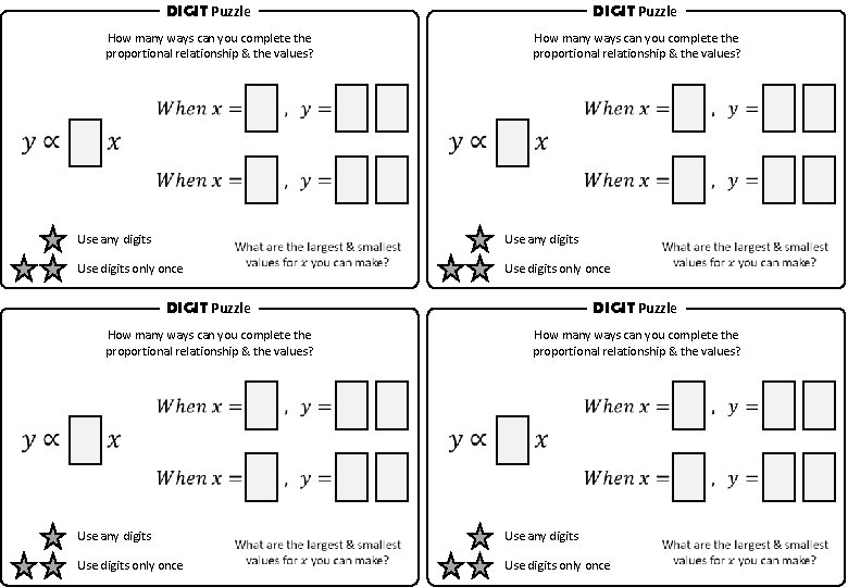 DIGIT Puzzle How many ways can you complete the proportional relationship & the values?