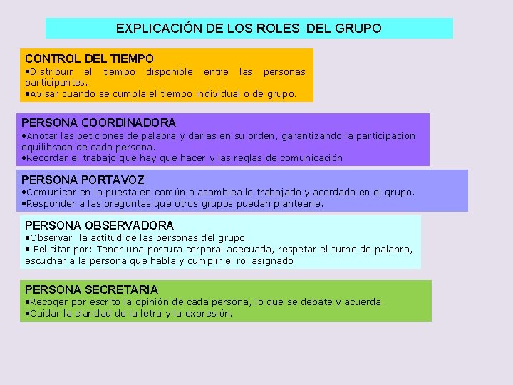 EXPLICACIÓN DE LOS ROLES DEL GRUPO CONTROL DEL TIEMPO • Distribuir el tiempo disponible