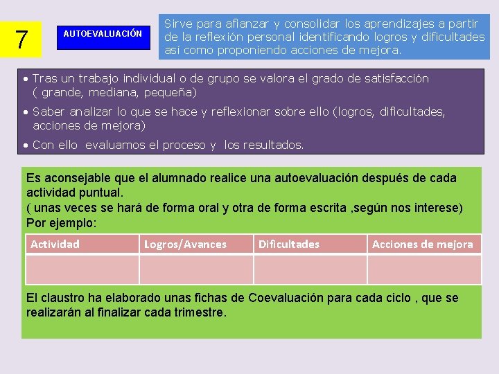 7 AUTOEVALUACIÓN Sirve para afianzar y consolidar los aprendizajes a partir de la reflexión