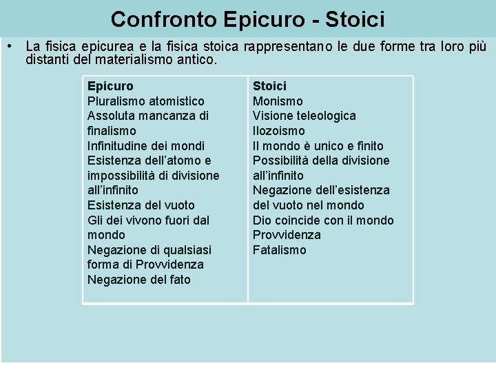Confronto Epicuro - Stoici • La fisica epicurea e la fisica stoica rappresentano le
