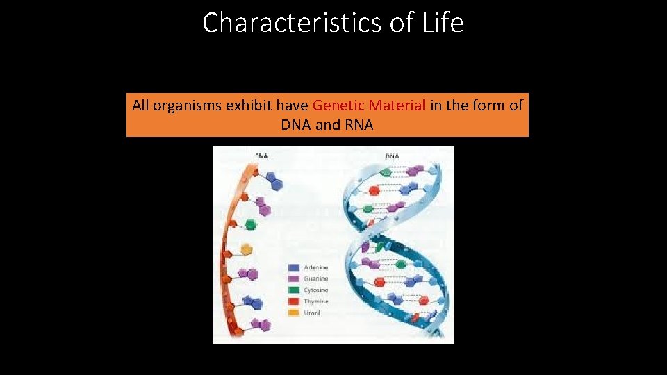 Characteristics of Life All organisms exhibit have Genetic Material in the form of DNA