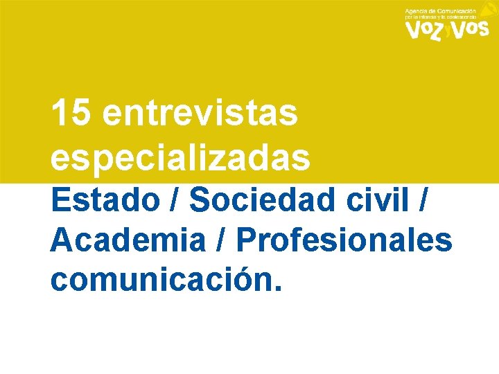 15 entrevistas especializadas Estado / Sociedad civil / Academia / Profesionales comunicación. 