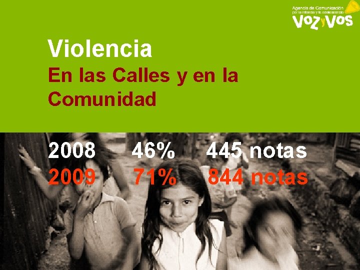 Violencia En las Calles y en la Comunidad 2008 2009 46% 71% 445 notas