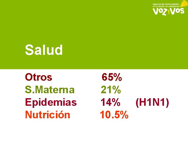 Salud Otros S. Materna Epidemias Nutrición 65% 21% 14% (H 1 N 1) 10.