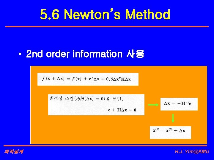 5. 6 Newton’s Method • 2 nd order information 사용 최적설계 H. J. Yim@KMU