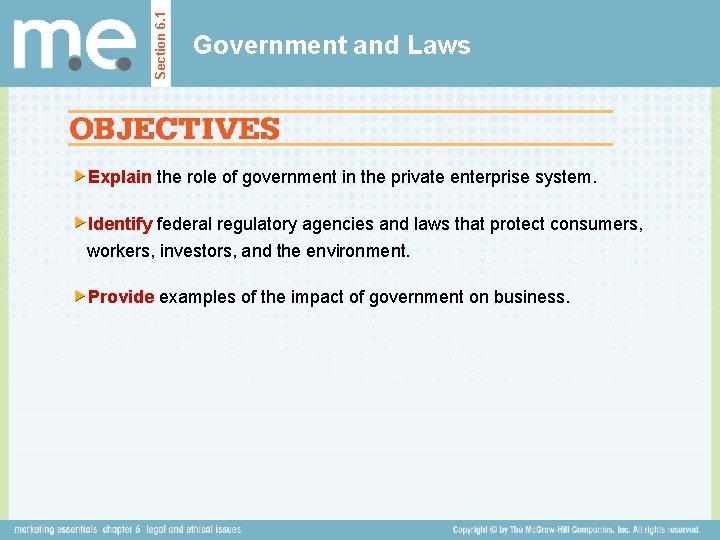 Section 6. 1 Government and Laws Explain the role of government in the private