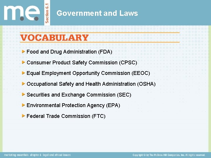 Section 6. 1 Government and Laws Food and Drug Administration (FDA) Consumer Product Safety