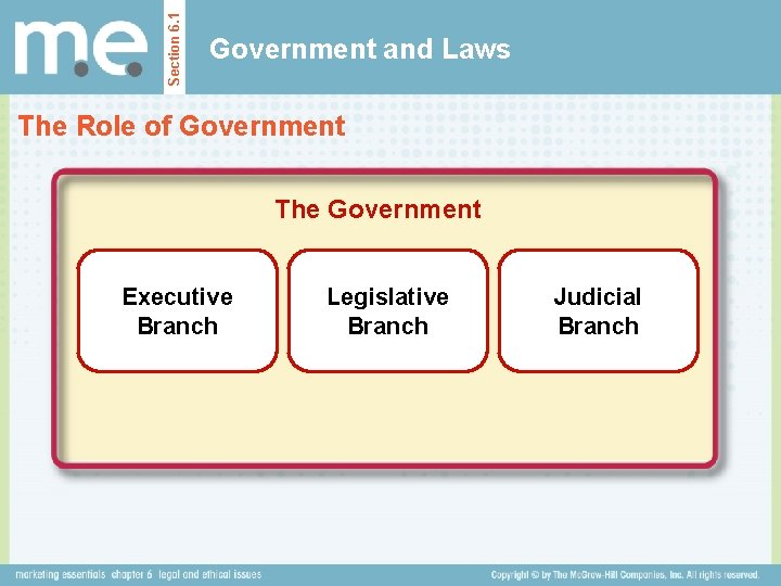 Section 6. 1 Government and Laws The Role of Government The Government Executive Branch