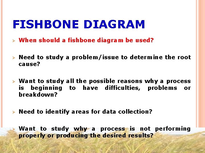 FISHBONE DIAGRAM Ø When should a fishbone diagram be used? Ø Need to study