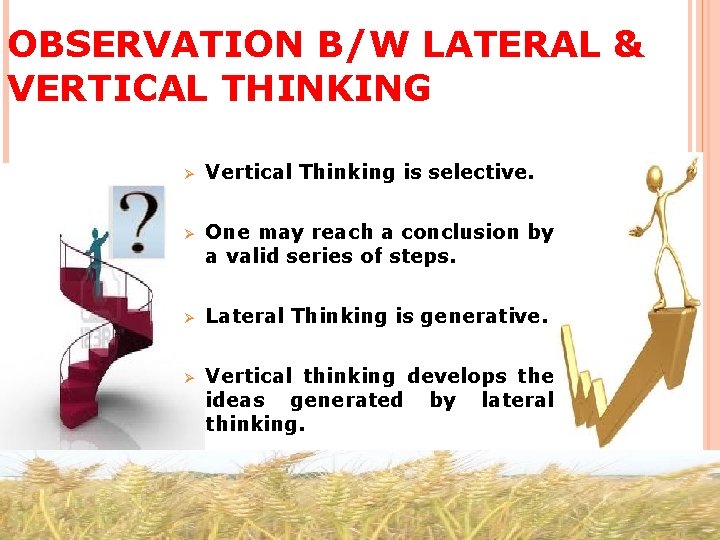 OBSERVATION B/W LATERAL & VERTICAL THINKING Ø Vertical Thinking is selective. Ø One may