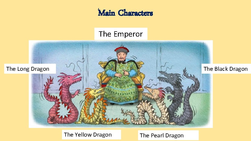 Main Characters The Emperor The Black Dragon The Long Dragon The Yellow Dragon The