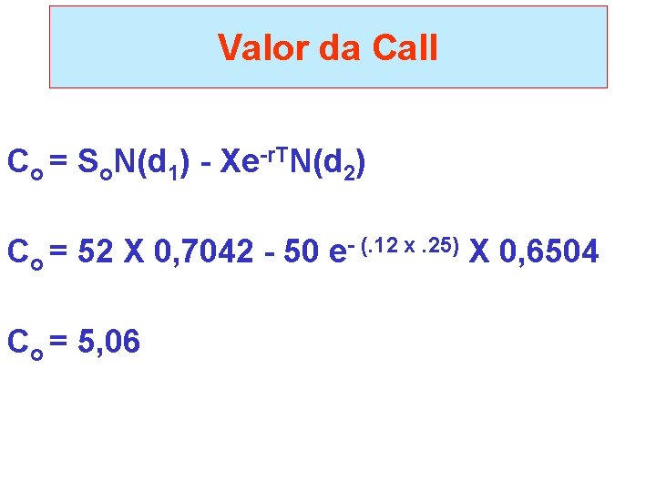 Valor da Call Co = So. N(d 1) - Xe-r. TN(d 2) Co =