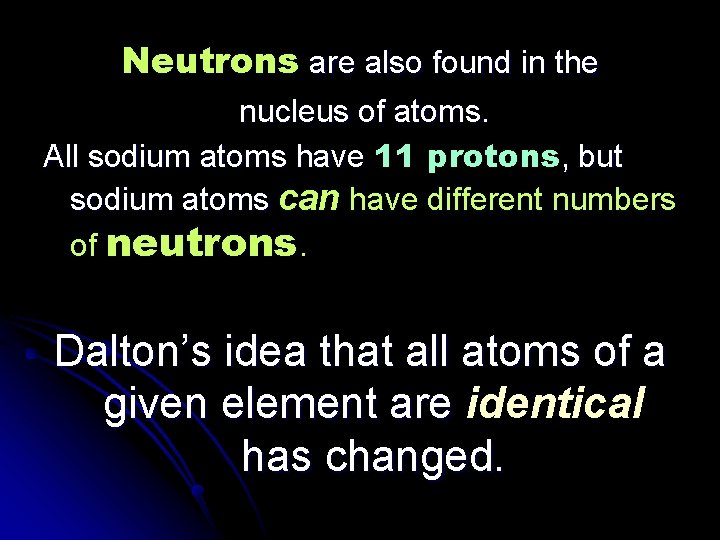 Neutrons are also found in the nucleus of atoms. All sodium atoms have 11