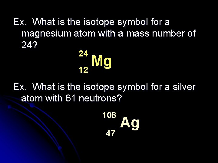 Ex. What is the isotope symbol for a magnesium atom with a mass number
