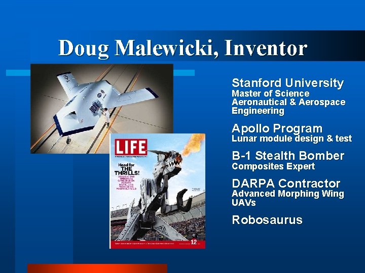 Doug Malewicki, Inventor Stanford University Master of Science Aeronautical & Aerospace Engineering Apollo Program