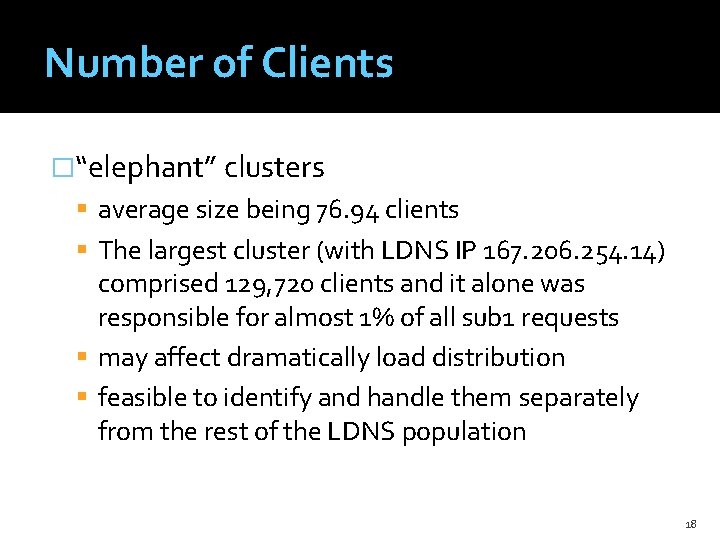 Number of Clients �“elephant” clusters average size being 76. 94 clients The largest cluster