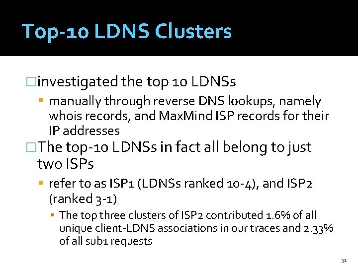 Top-10 LDNS Clusters �investigated the top 10 LDNSs manually through reverse DNS lookups, namely