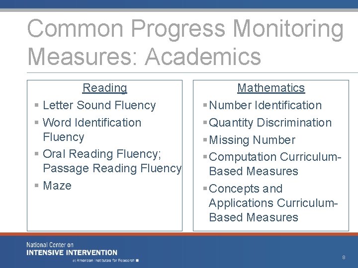 Common Progress Monitoring Measures: Academics Reading § Letter Sound Fluency § Word Identification Fluency