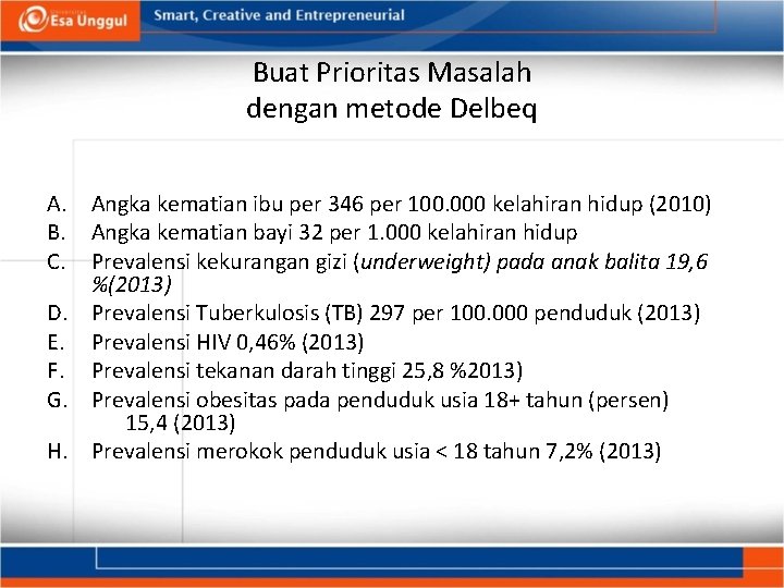 Buat Prioritas Masalah dengan metode Delbeq A. Angka kematian ibu per 346 per 100.