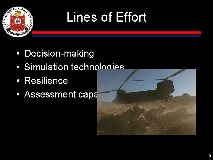 Lines of Effort • • Decision-making Simulation technologies Resilience Assessment capabilities 10 