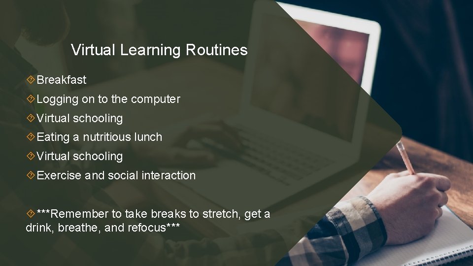 Virtual Learning Routines Breakfast Logging on to the computer Virtual schooling Eating a nutritious