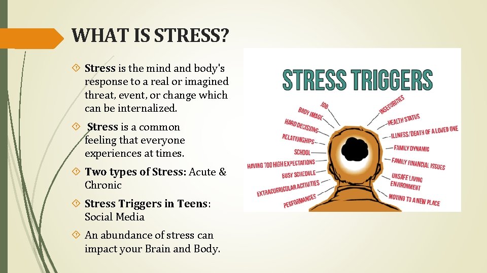 WHAT IS STRESS? Stress is the mind and body's response to a real or